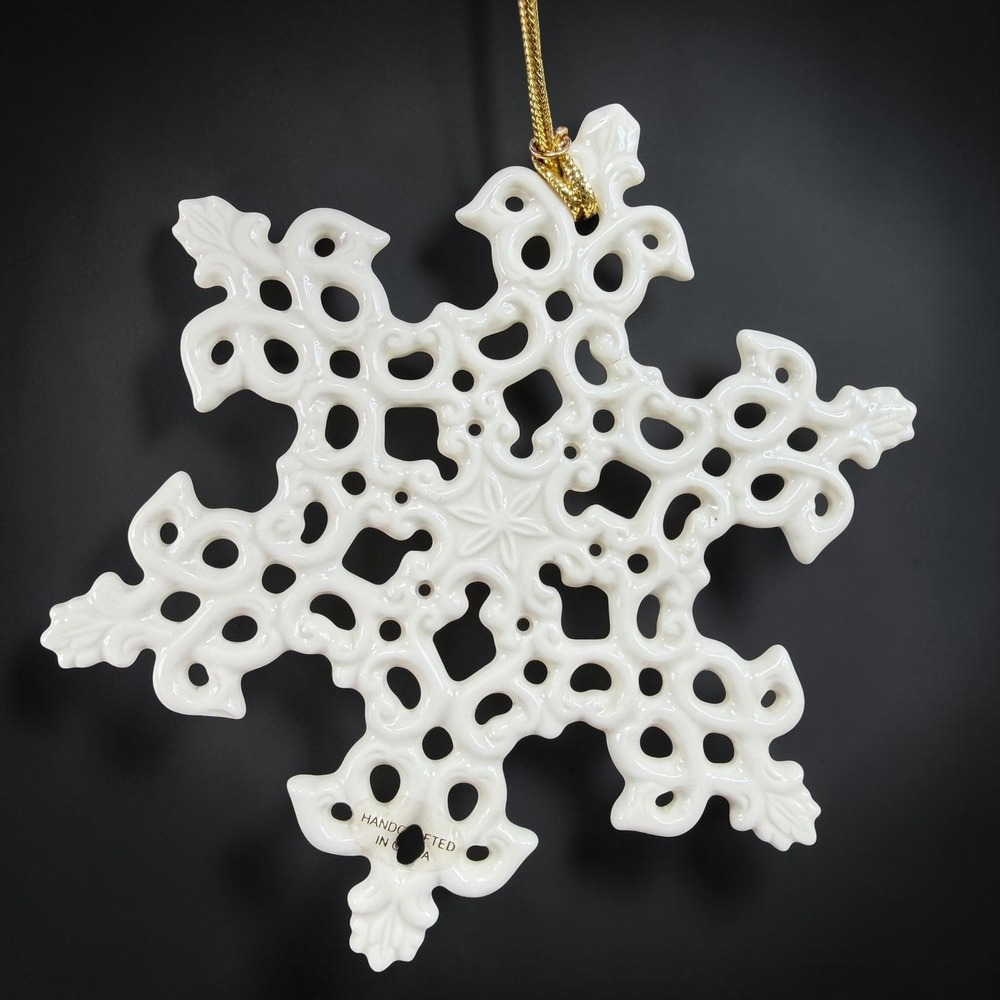 Lenox Pierced Porcelain Snowflake Ornament White Lattice Gold Tassel 3 Inch